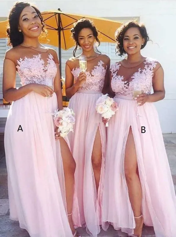 A-Line Bateau Cap Sleeves Pink Chiffon Appliques Bridesmaid Dress