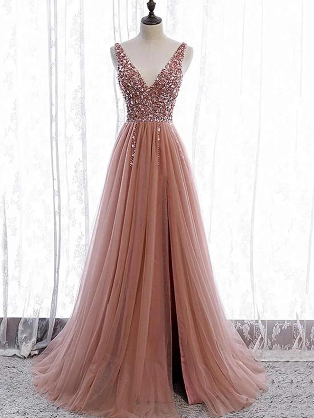 A Line V Neck Dark Pink Beaded Long Prom Dresses, V Neck Pink Long Formal Graduation Dresses