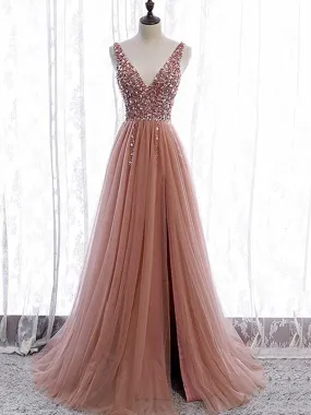 A Line V Neck Dark Pink Beaded Long Prom Dresses, V Neck Pink Long Formal Graduation Dresses