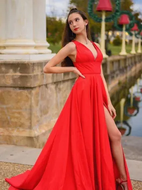 A Line V Neck Satin Long Prom Dresses with High Slit Red Formal Evening Gowns