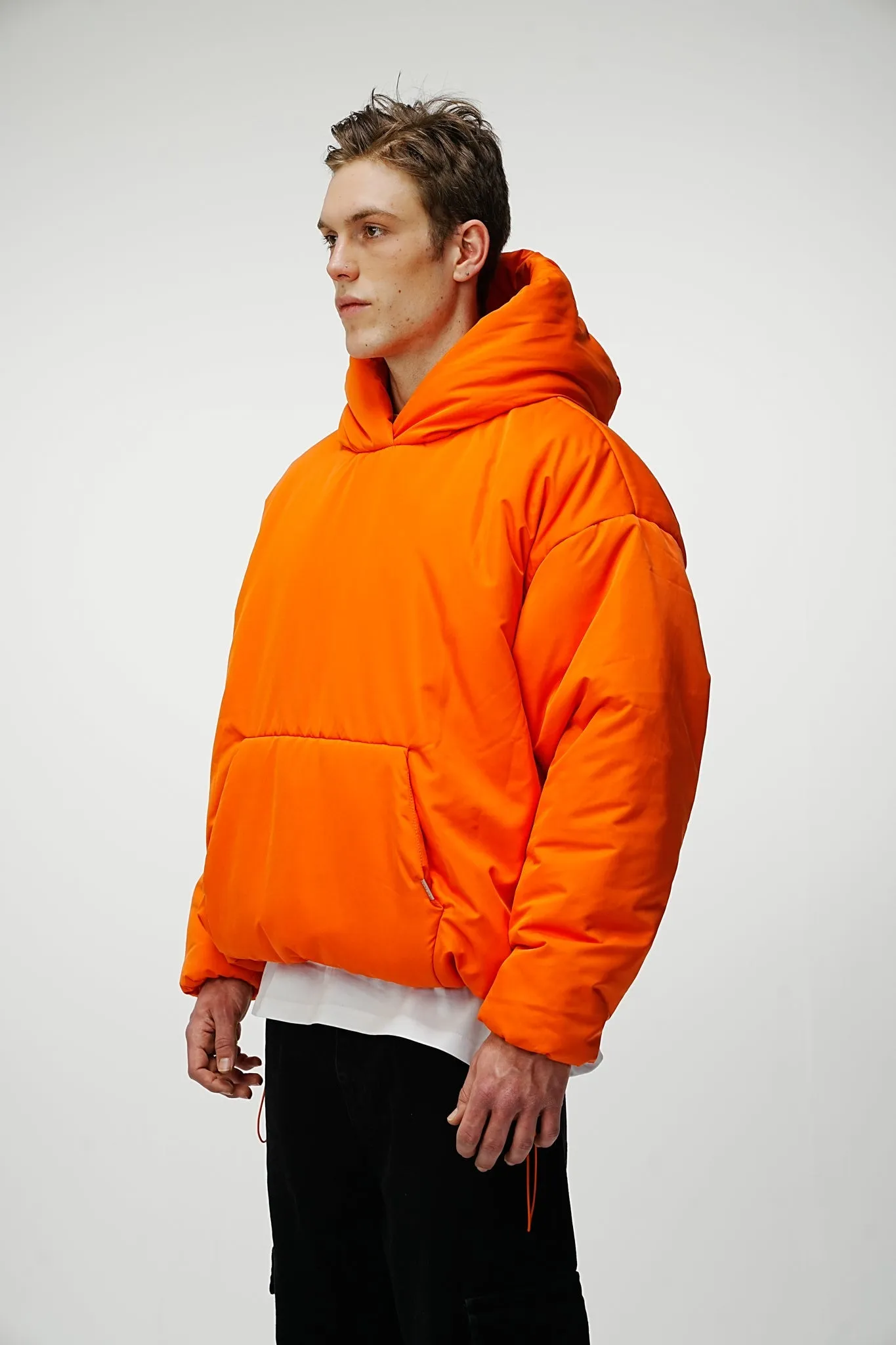 Premium Neon Orange Puffer Hoodie with Airdrop Feature