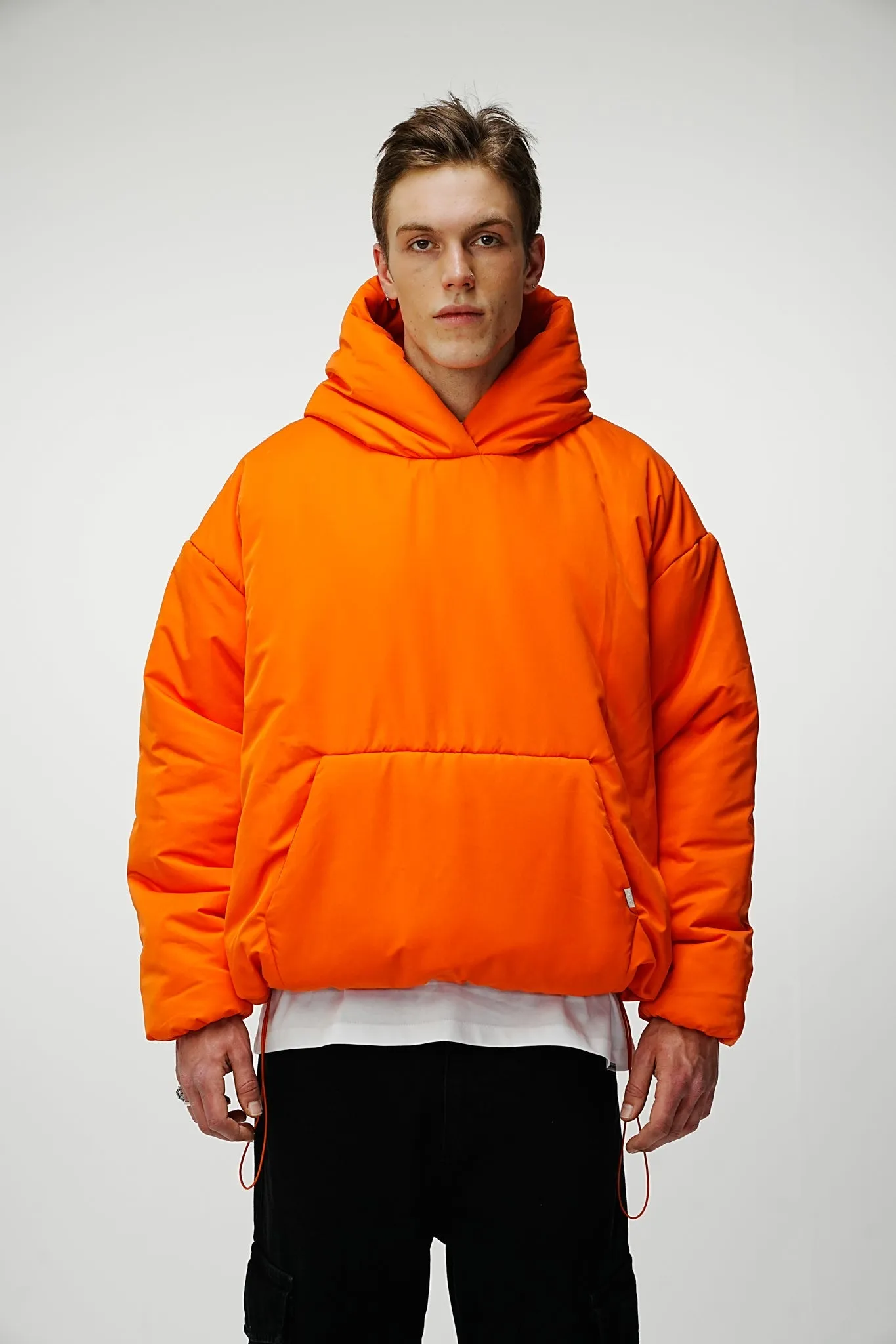 Premium Neon Orange Puffer Hoodie with Airdrop Feature