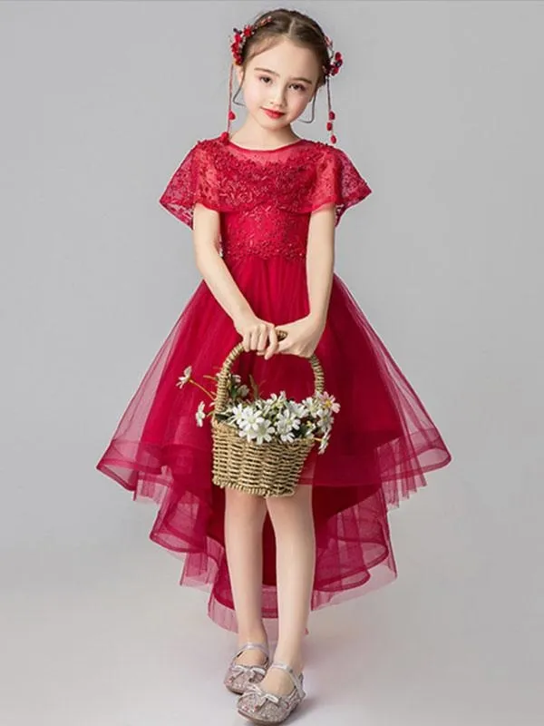 Asymmetrical Tulle Sleeveless Flower Girl Dresses Princess Embroidered Kids Party Dresses