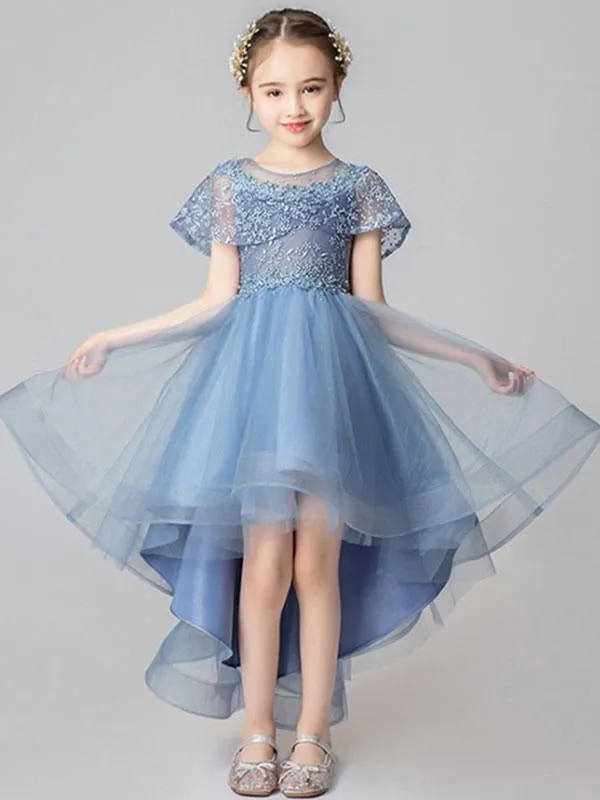 Asymmetrical Tulle Sleeveless Flower Girl Dresses Princess Embroidered Kids Party Dresses