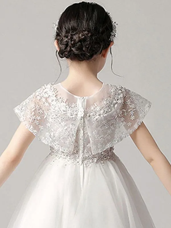 Asymmetrical Tulle Sleeveless Flower Girl Dresses Princess Embroidered Kids Party Dresses