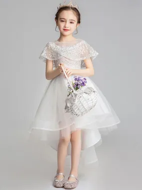 Asymmetrical Tulle Sleeveless Flower Girl Dresses Princess Embroidered Kids Party Dresses