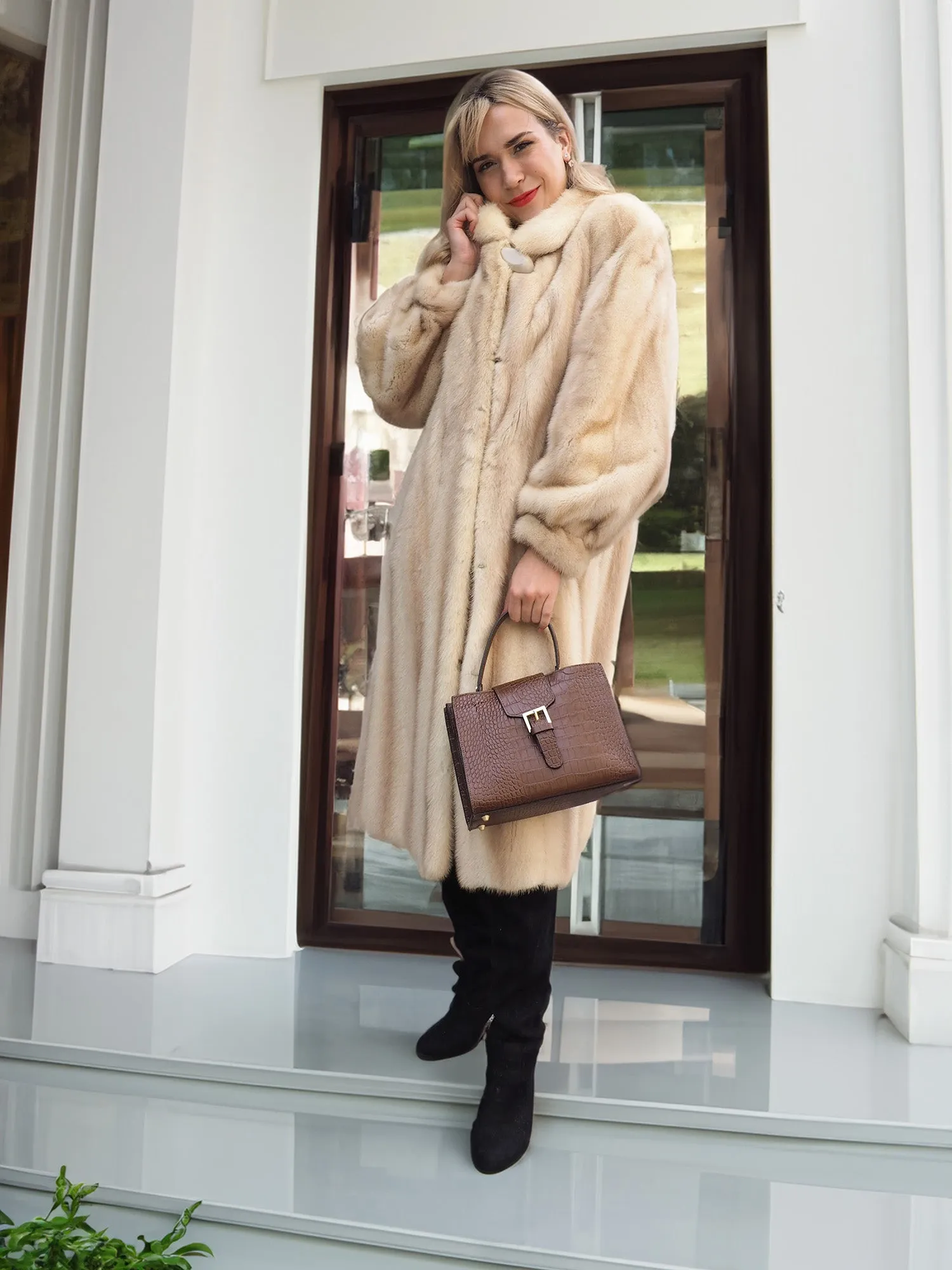 Beige Pearl Mink Fur Coat Stroller M/L