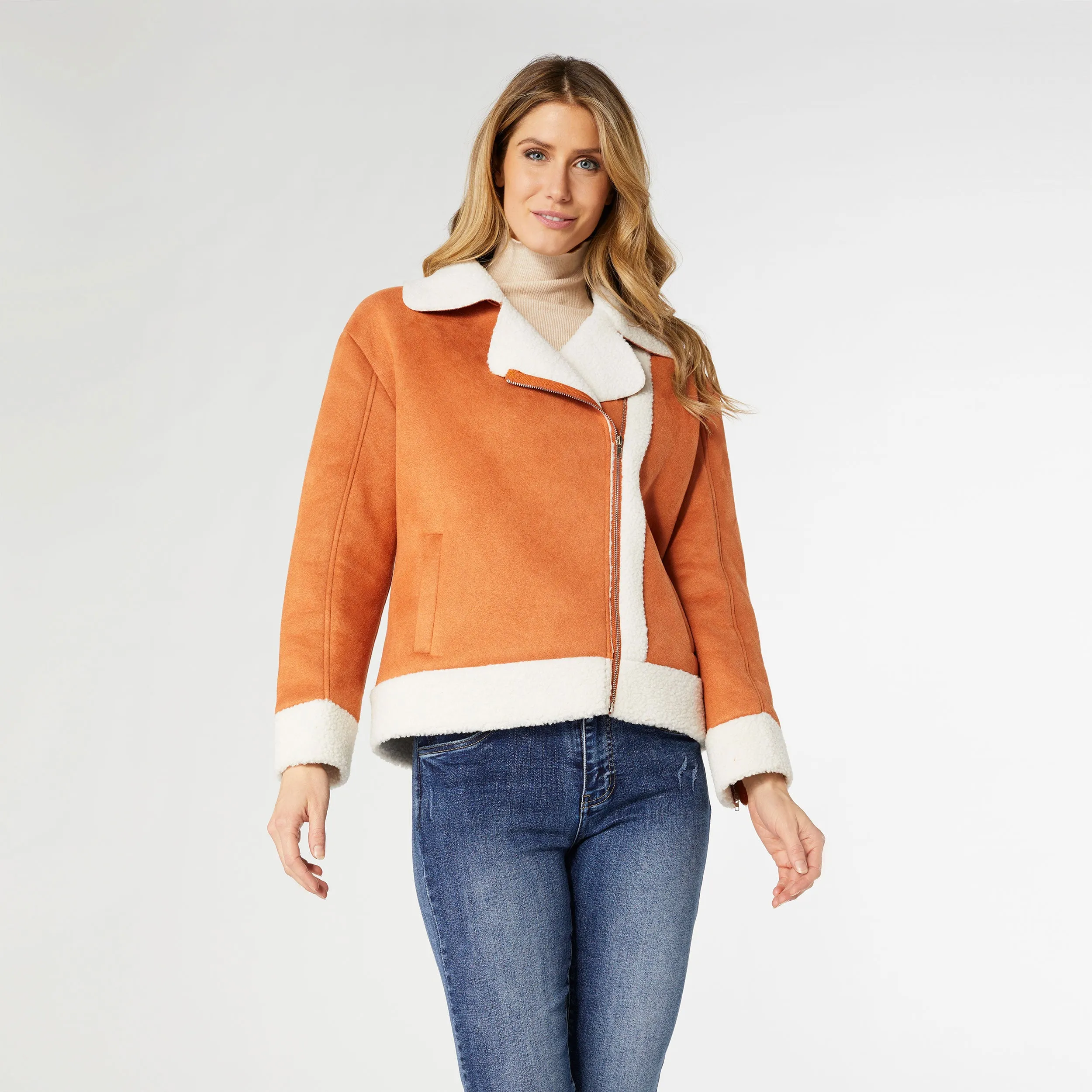 Bexley Sherpa Bonded Faux Suede Moto - Pumpkin