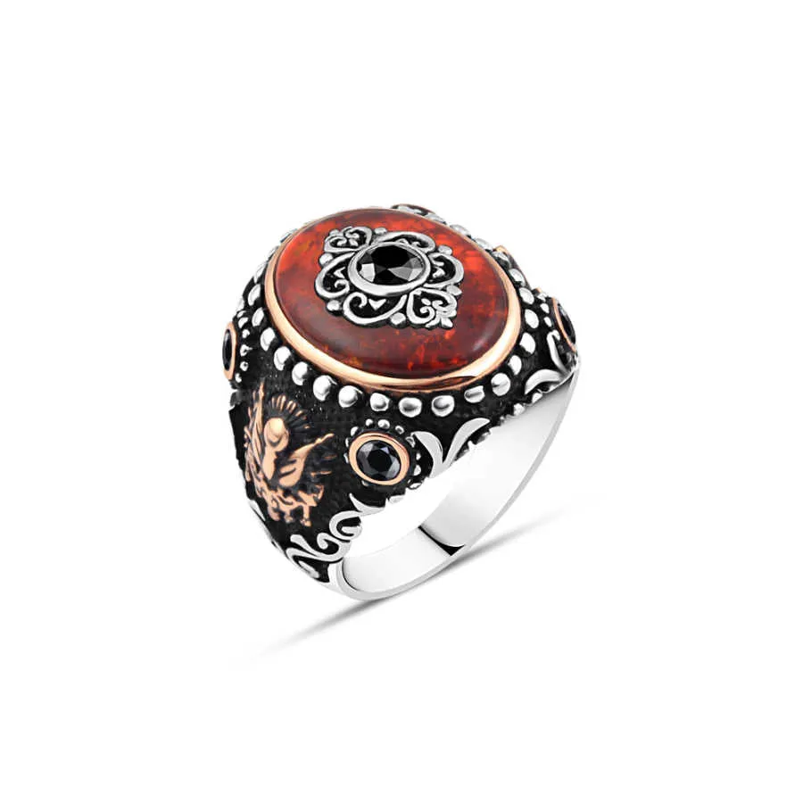 Black Zircon Eye Figure on Red Synthetic Amber Ellipse Silver Men's Ring Siding Coat of Arms and Zircon Stones