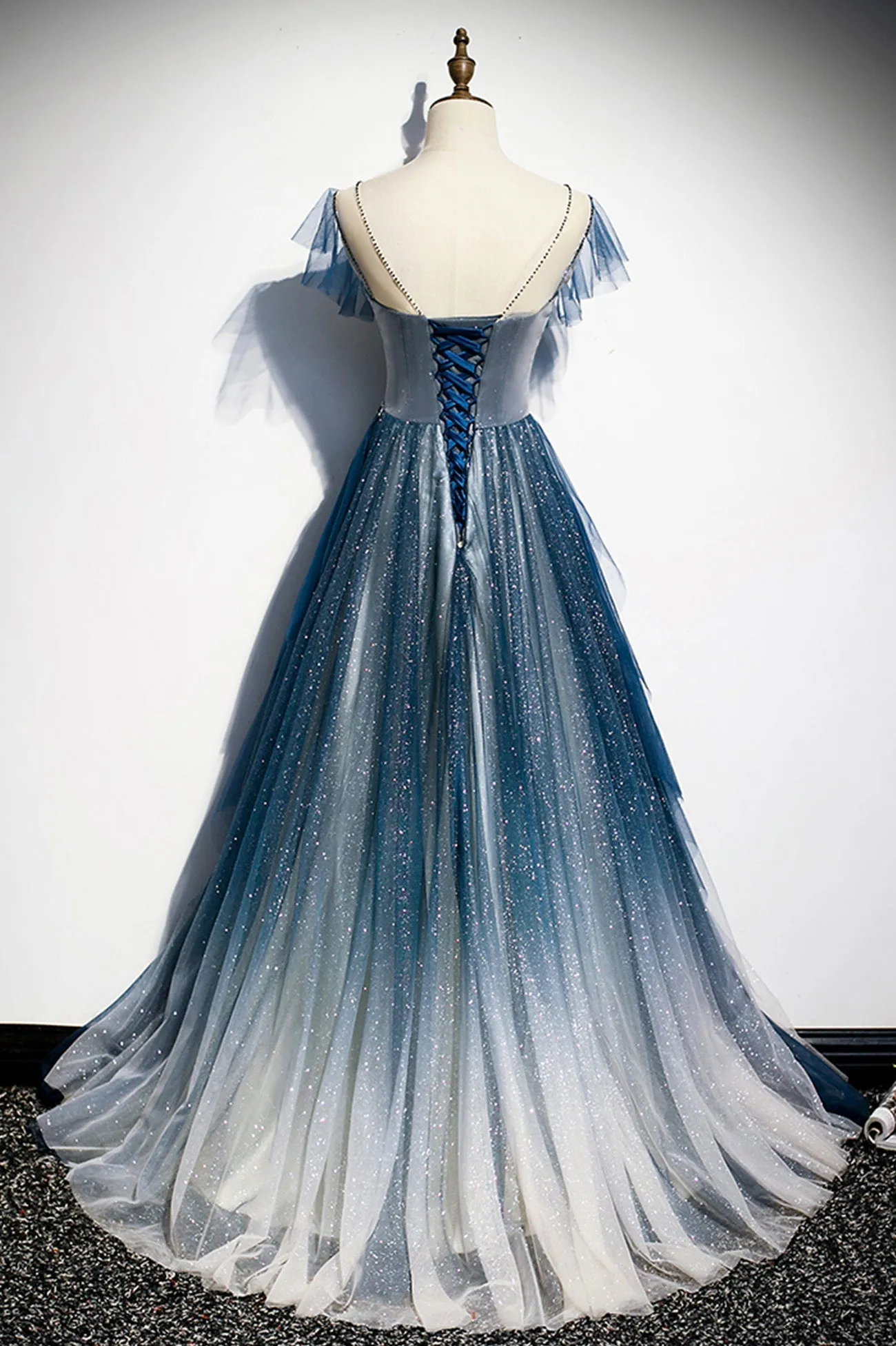 Blue Tulle Long Prom Dresses A-Line Formal Evening Dresses