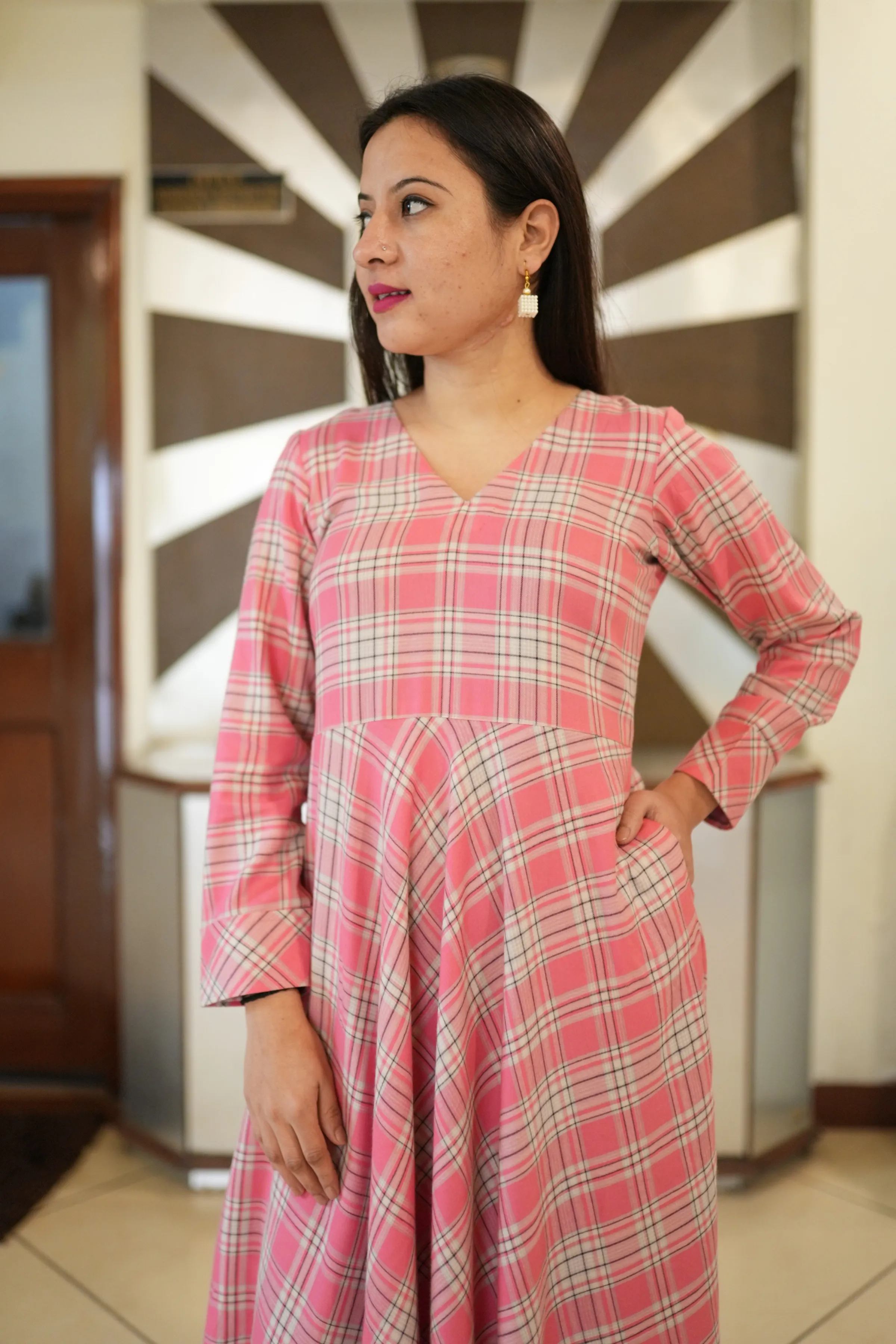 Blush Breeze Twill Checked Dress