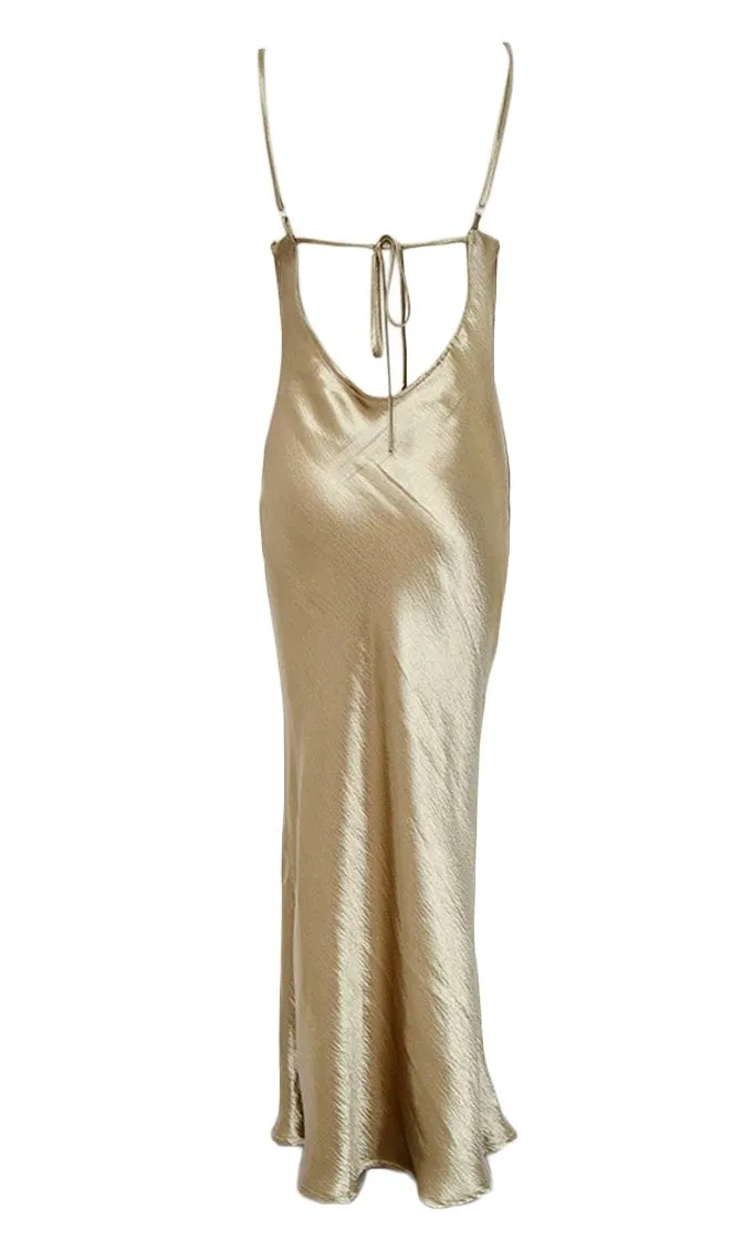 Boho Gold Satin Spaghetti Strap Maxi Dress