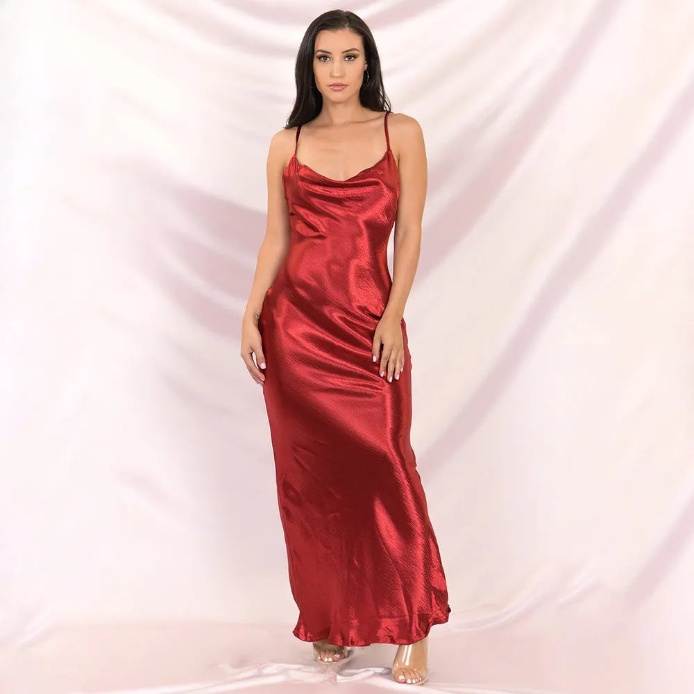 Boho Gold Satin Spaghetti Strap Maxi Dress