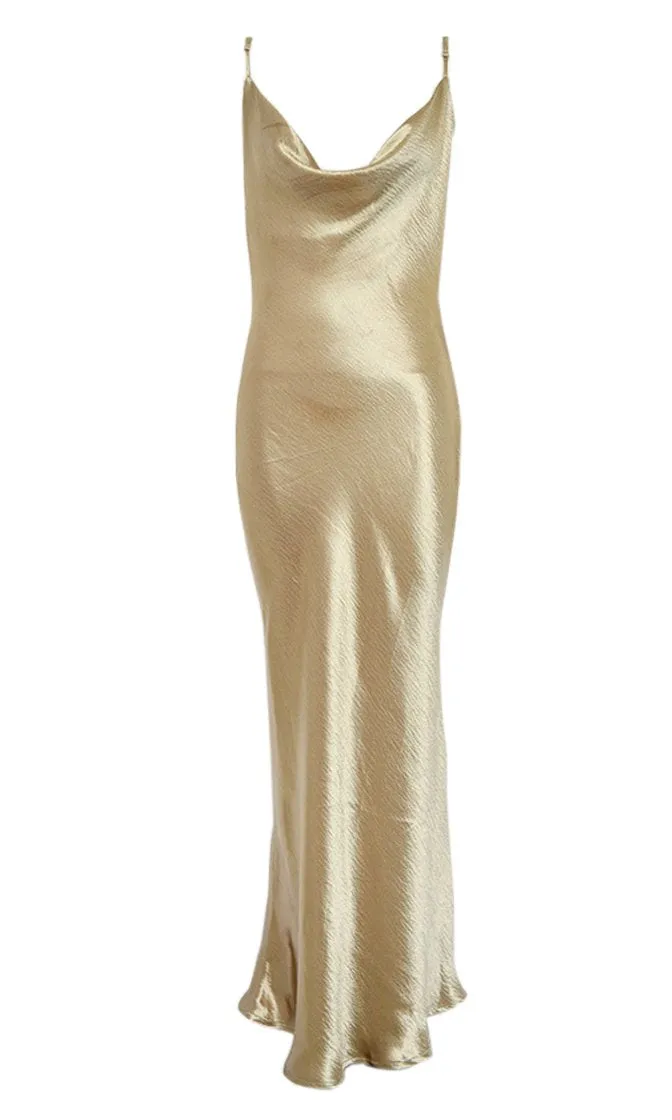 Boho Gold Satin Spaghetti Strap Maxi Dress