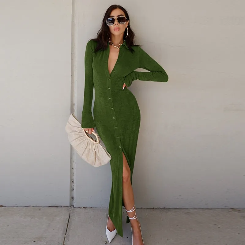 Button Green Split Casual Solid Maxi Dress