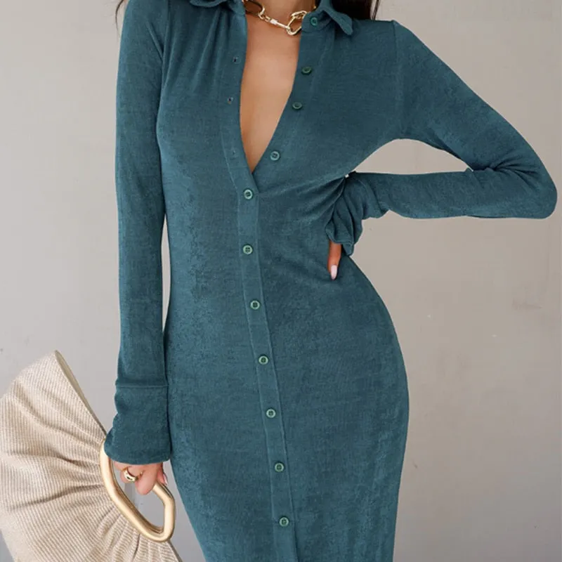 Button Green Split Casual Solid Maxi Dress