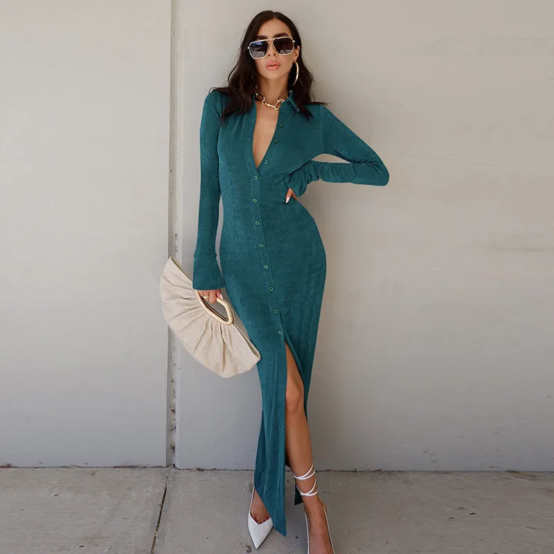 Button Green Split Casual Solid Maxi Dress