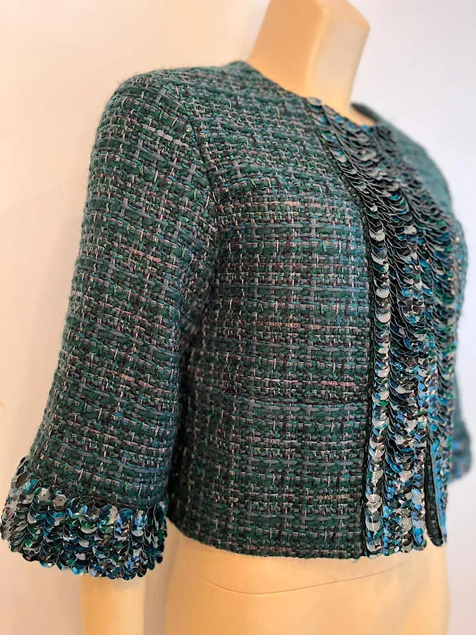 Chanel 12A 2012 Fall Tweed Sequin Green Jacket FR 34 US 2