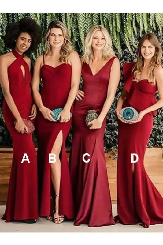 Chic Mermaid Mismatched Red Satin Long Bridesmaid Dress