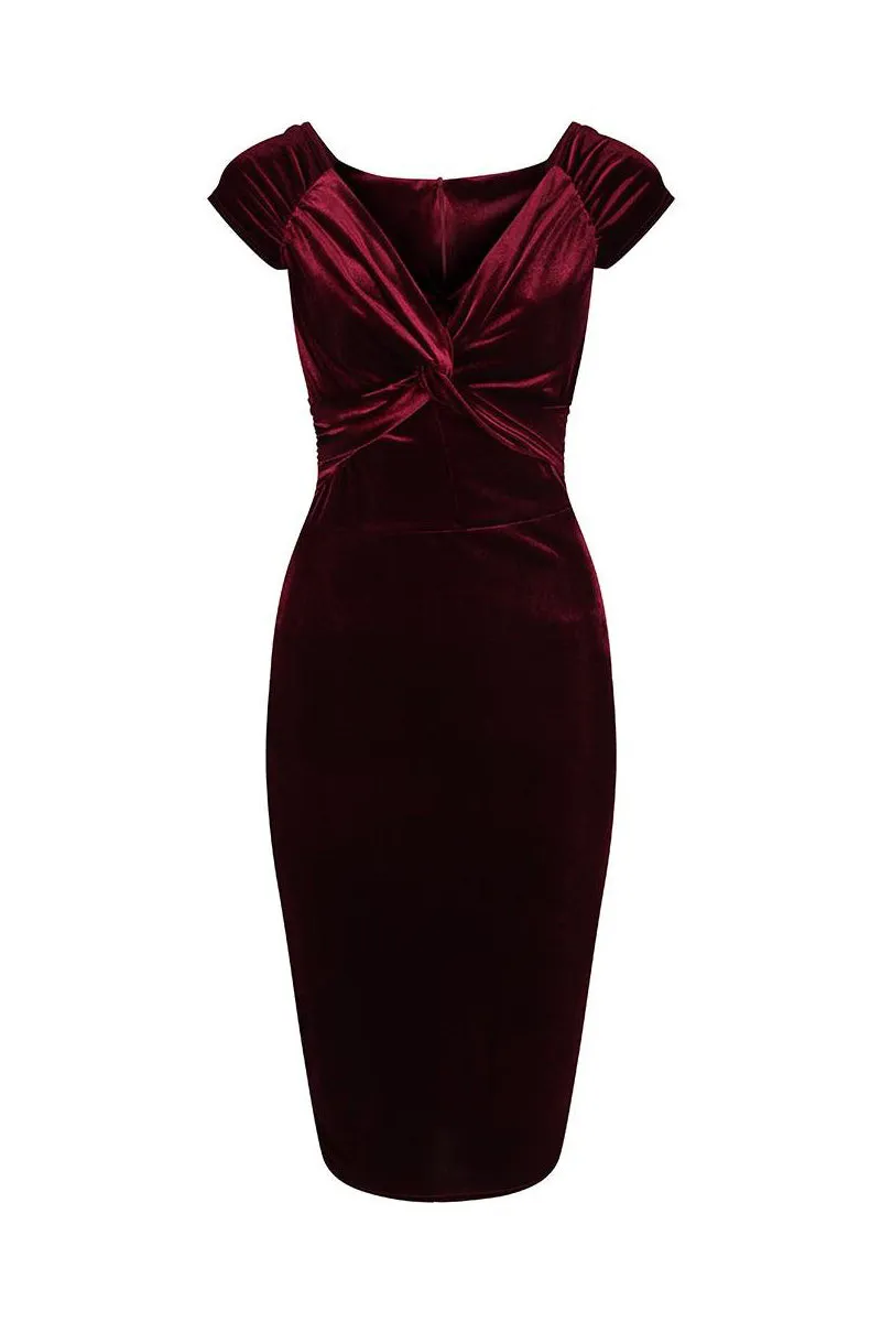 Claret Red Velour Crossover Wiggle Dress