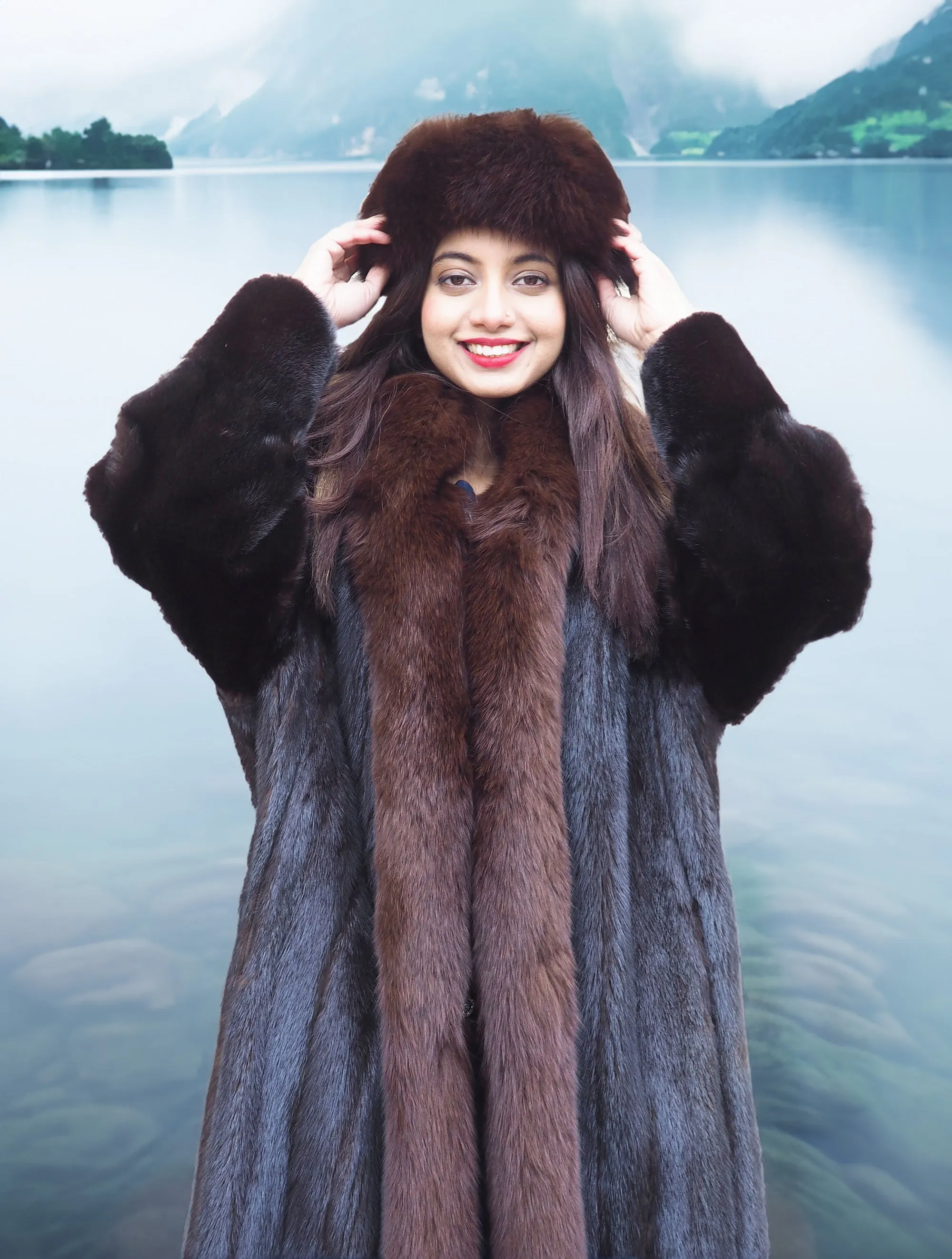 Dark Ranch Mahogany Mink Fur Coat With Brown Fox Trim Detachable Hood M/L