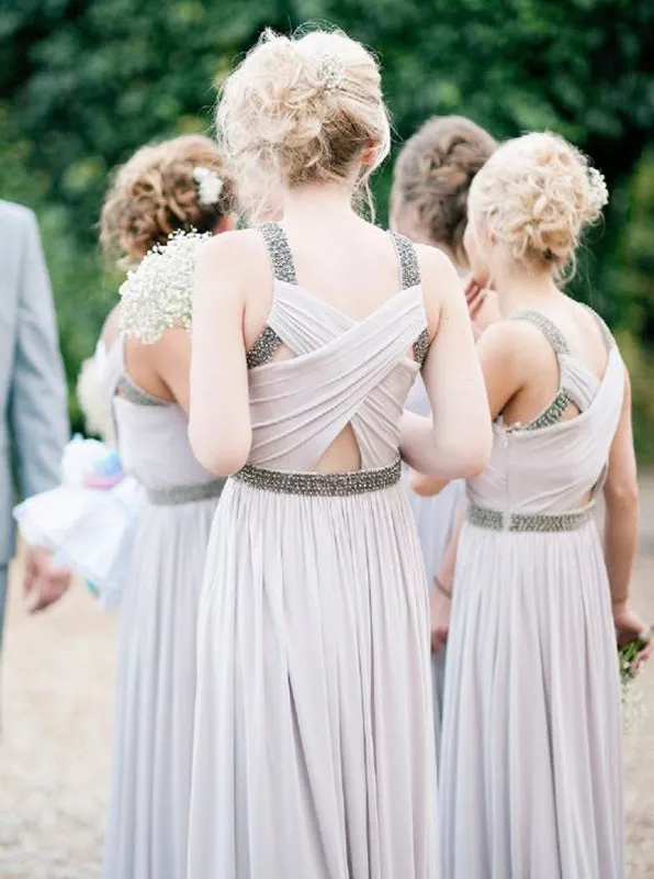 Exquisite Floor-Length Sleeveless Grey Bridesmaid Dress