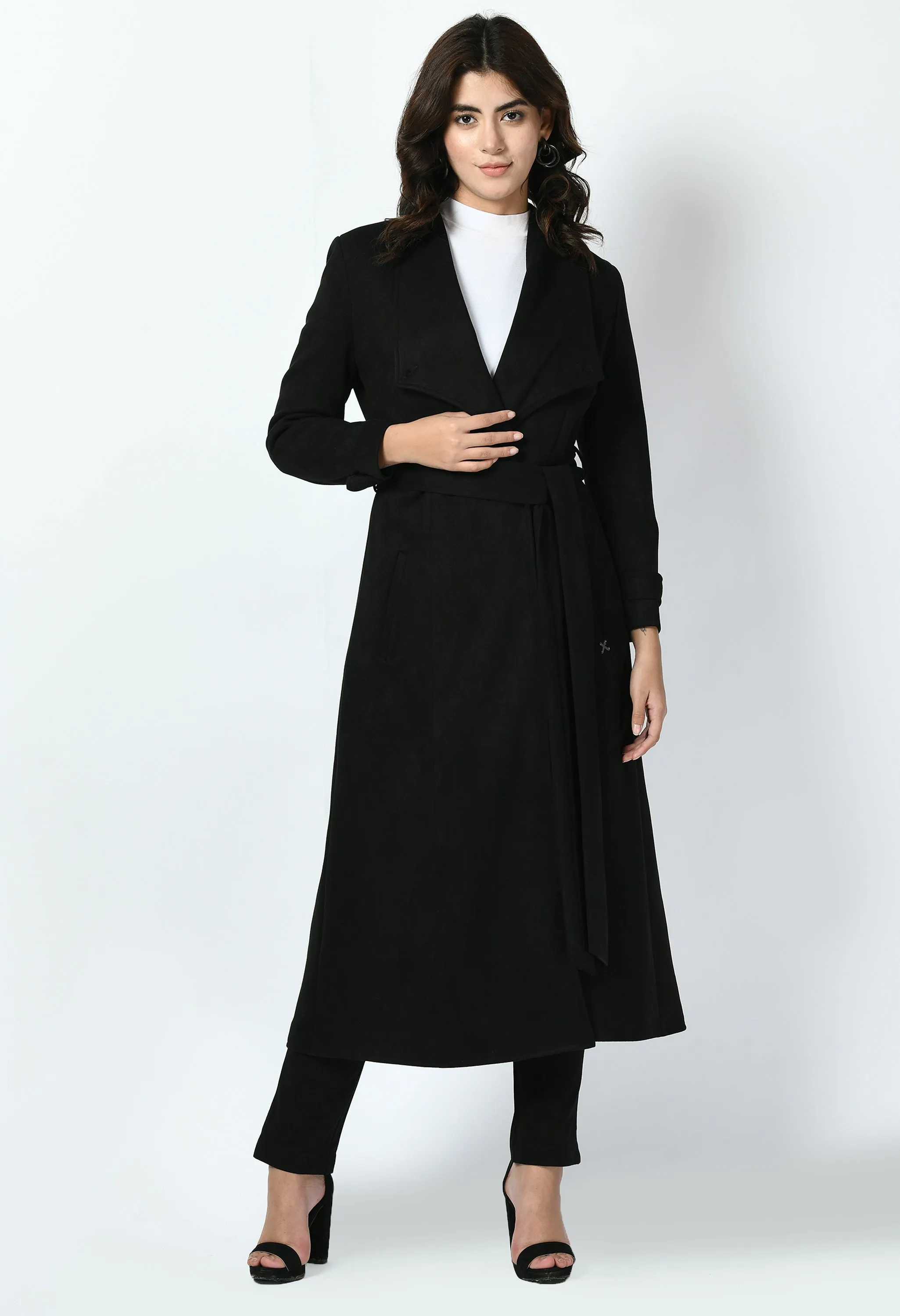 Exude Dedication Suede Leather Long Wrap Coat (Black)