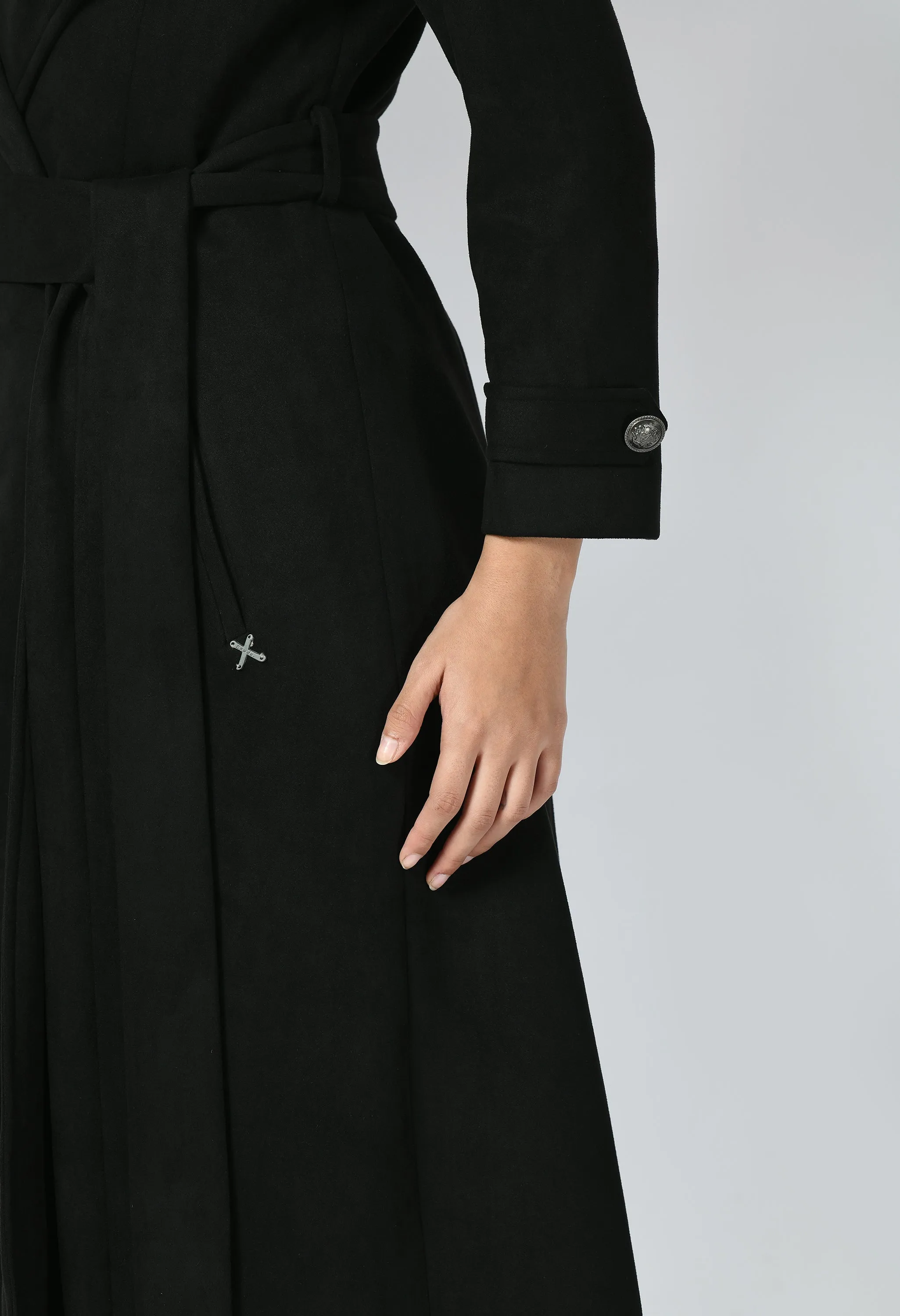 Exude Dedication Suede Leather Long Wrap Coat (Black)