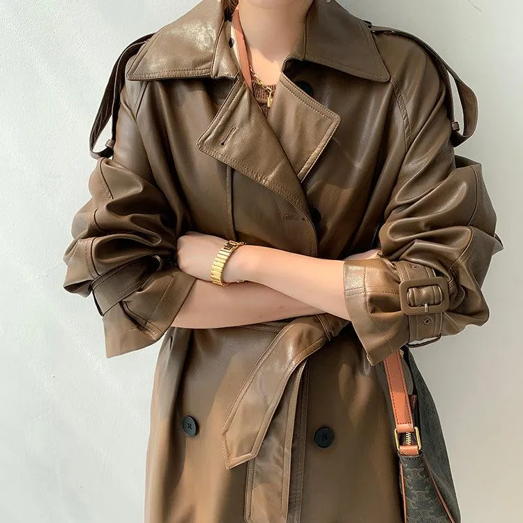 Faux Leather Long Trench Coat 2 Colors Black Brown