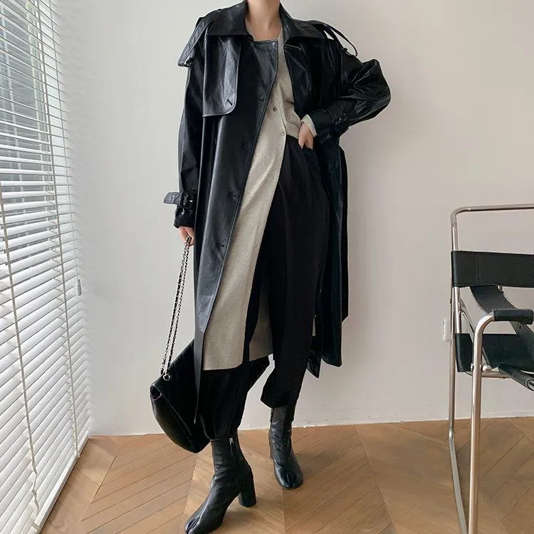 Faux Leather Long Trench Coat 2 Colors Black Brown