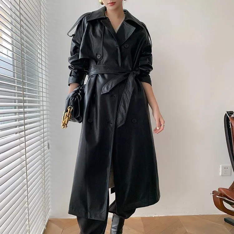 Faux Leather Long Trench Coat 2 Colors Black Brown