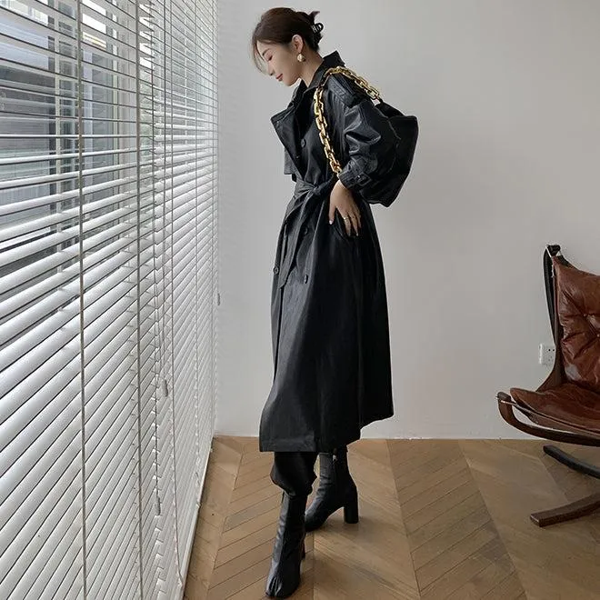 Faux Leather Long Trench Coat 2 Colors Black Brown