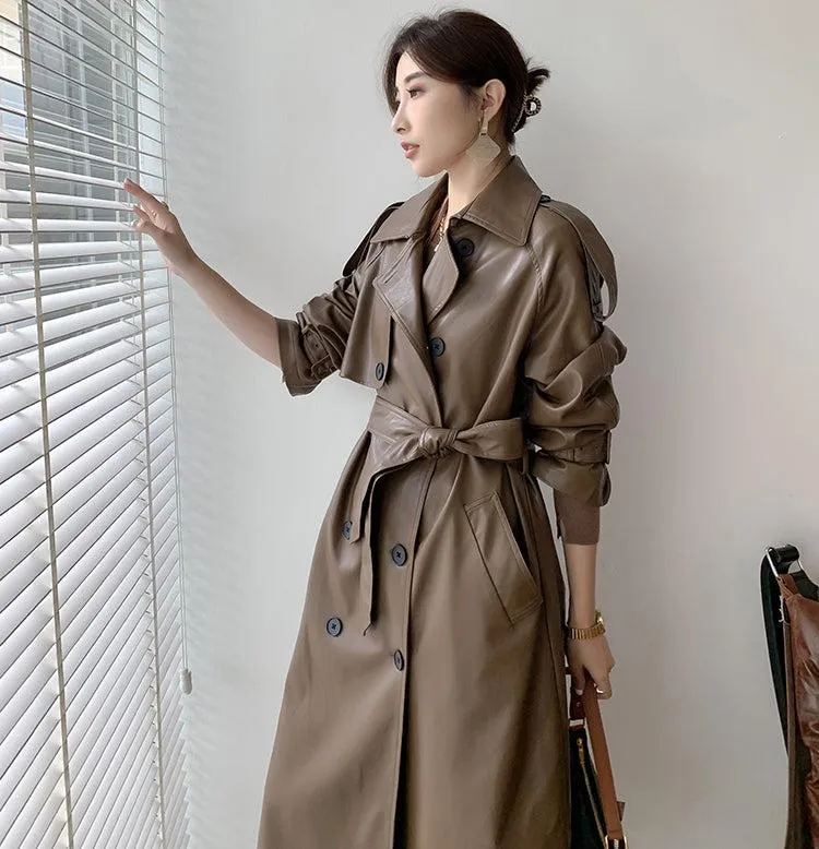 Faux Leather Long Trench Coat 2 Colors Black Brown