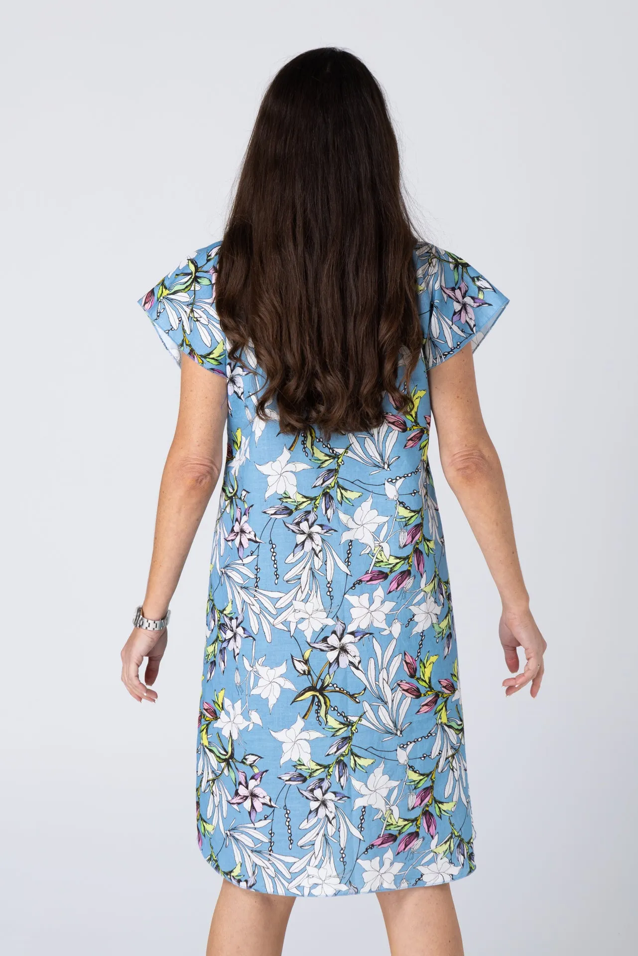 French Print Linen/Silk Short Sleeve Dress