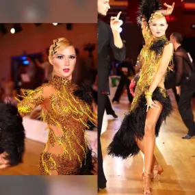 Gold & Black Latin Dress with Feathers