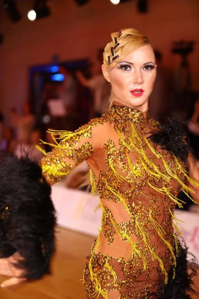 Gold & Black Latin Dress with Feathers