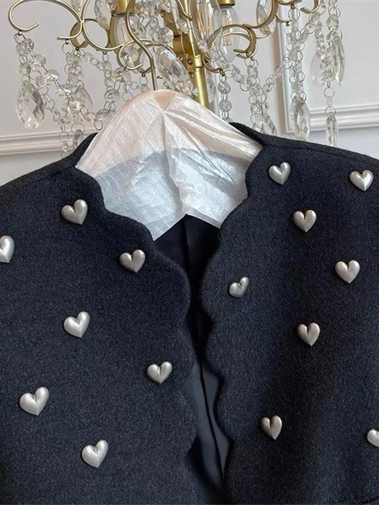 Hearts Pattern Black Wool Tweed Jacket Women