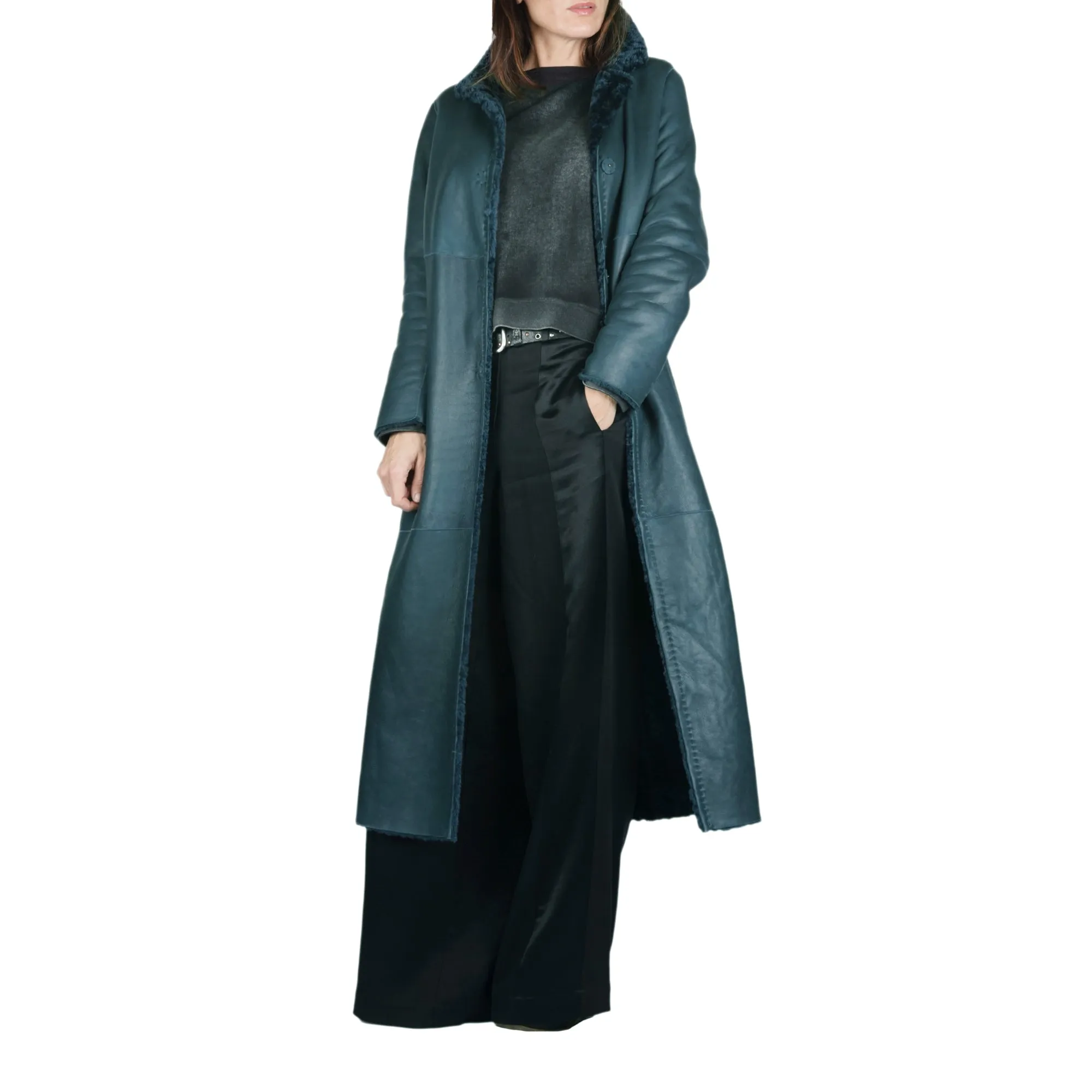 Long Reversible Shearling Coat Teal