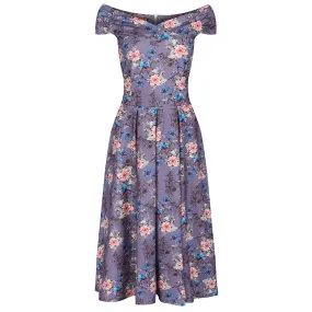 Mauve Floral Print Cap Sleeve Crossover Top 50s Swing Bardot Dress