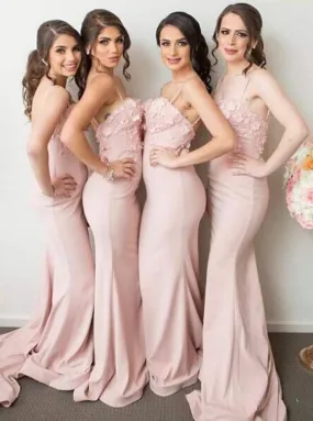 Mermaid Spaghetti Straps Pink Stretch Satin Bridesmaid Dress