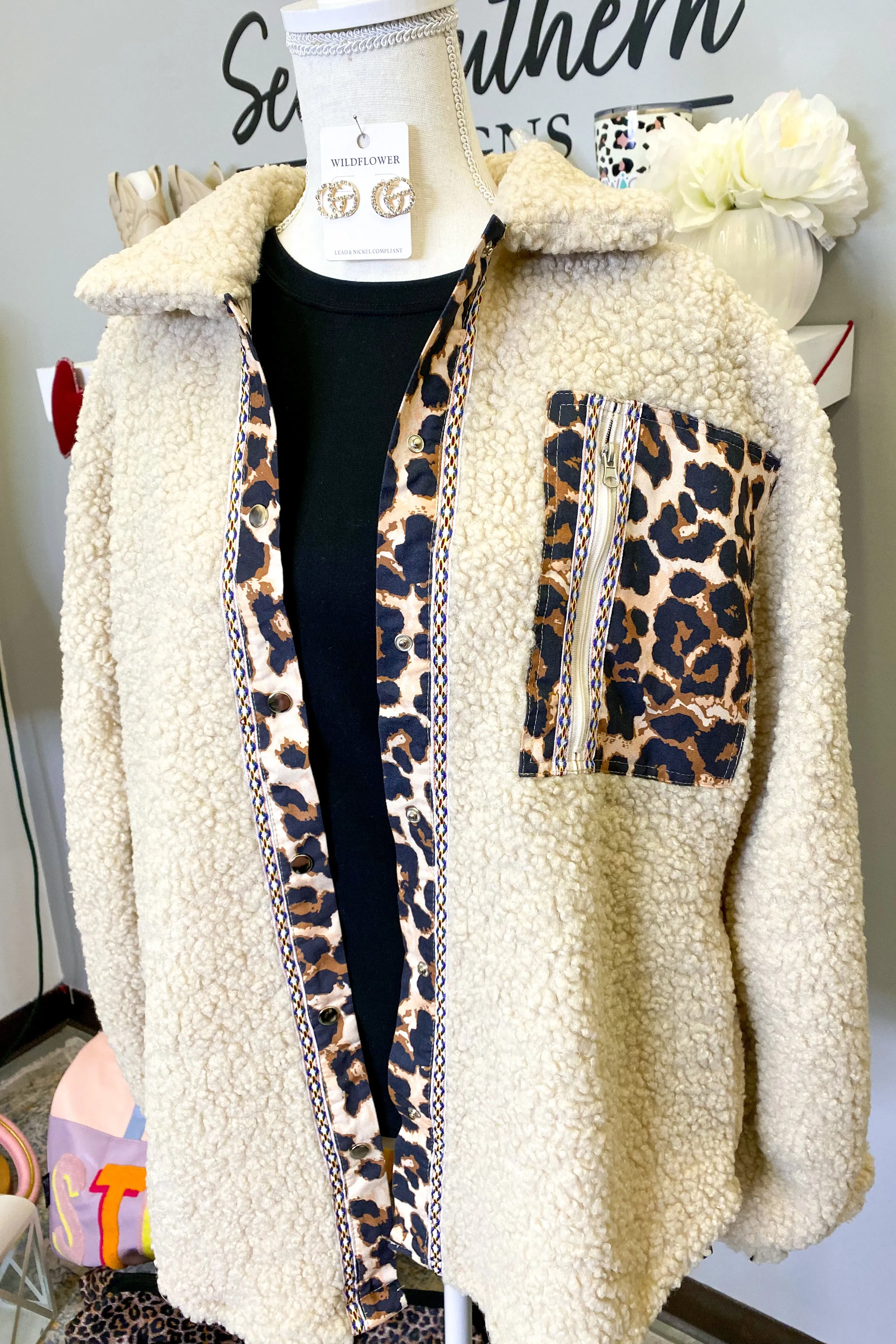 Murphy Sherpa Jacket with Leopard, Taupe