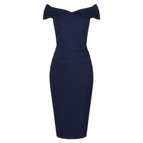 Navy Blue Cap Sleeve Crossover Top Bardot Wiggle Dress