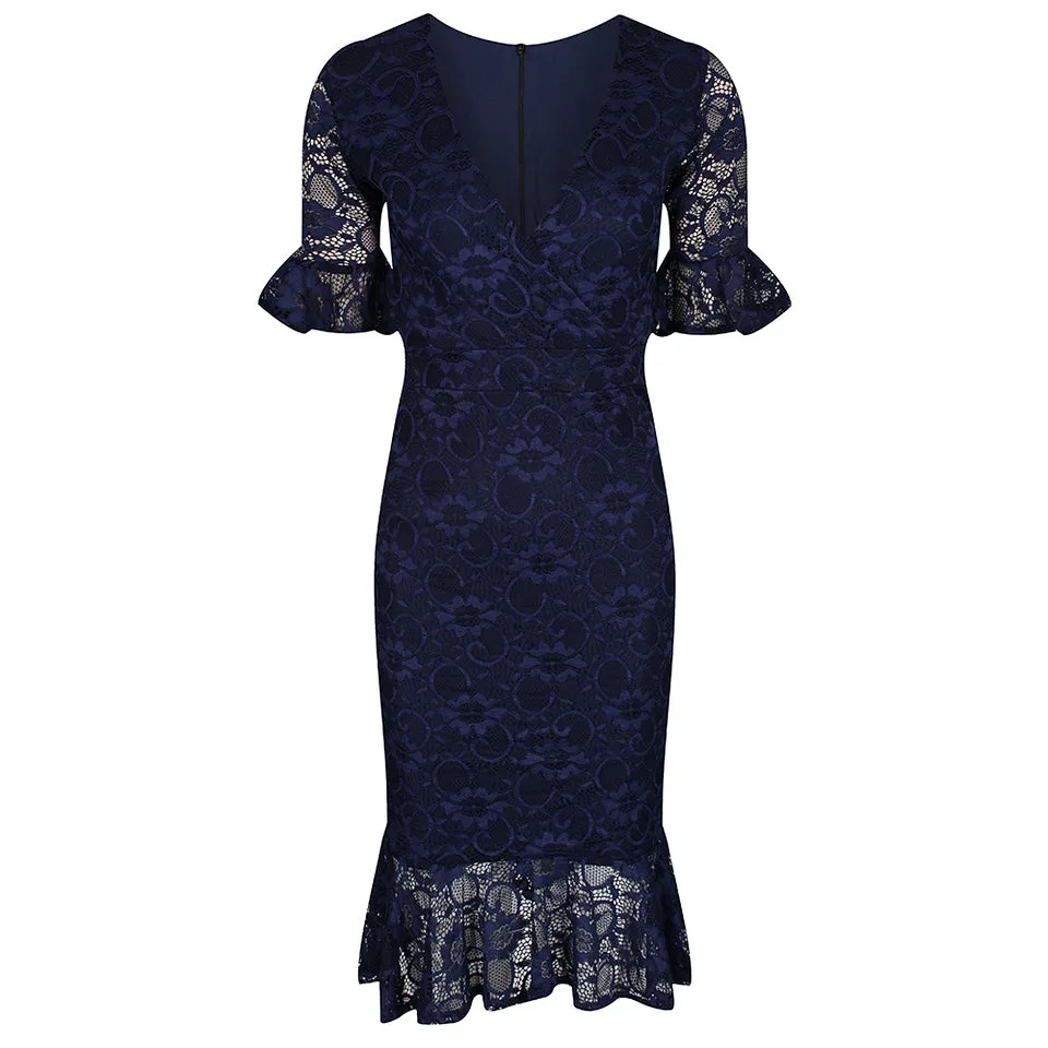 Navy Blue Lace Half Sleeve Fishtail Peplum Hem Bodycon Pencil Dress