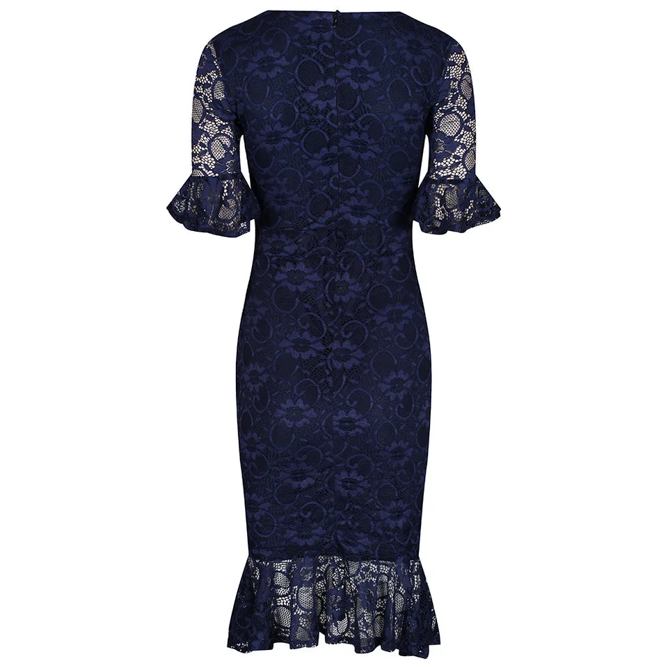 Navy Blue Lace Half Sleeve Fishtail Peplum Hem Bodycon Pencil Dress