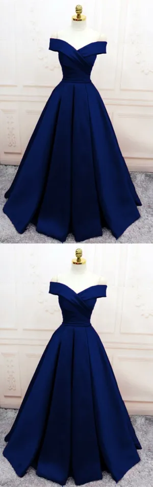 Navy Blue Satin V Neck Off Shoulder Prom Dresses, Long Evening Gowns