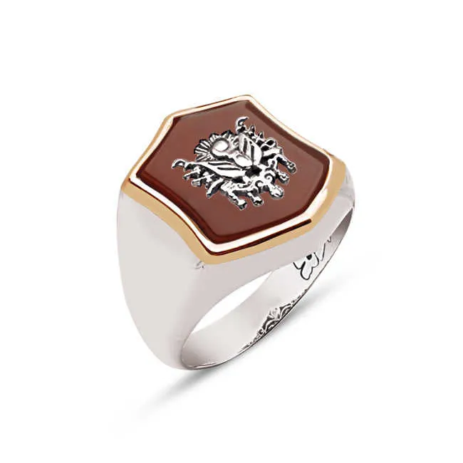 Ottoman Coat of Arms on Red Agate Stone Hexagon Silver Men’s Ring