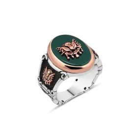 Ottoman State Coat of Arms on Ellipse Green Agate Stone Silver Men’s Ring Siding Ottoman Coat of Arms