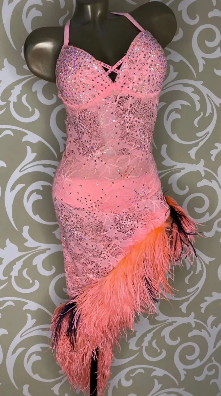 Peach Latin Dress with Feathers