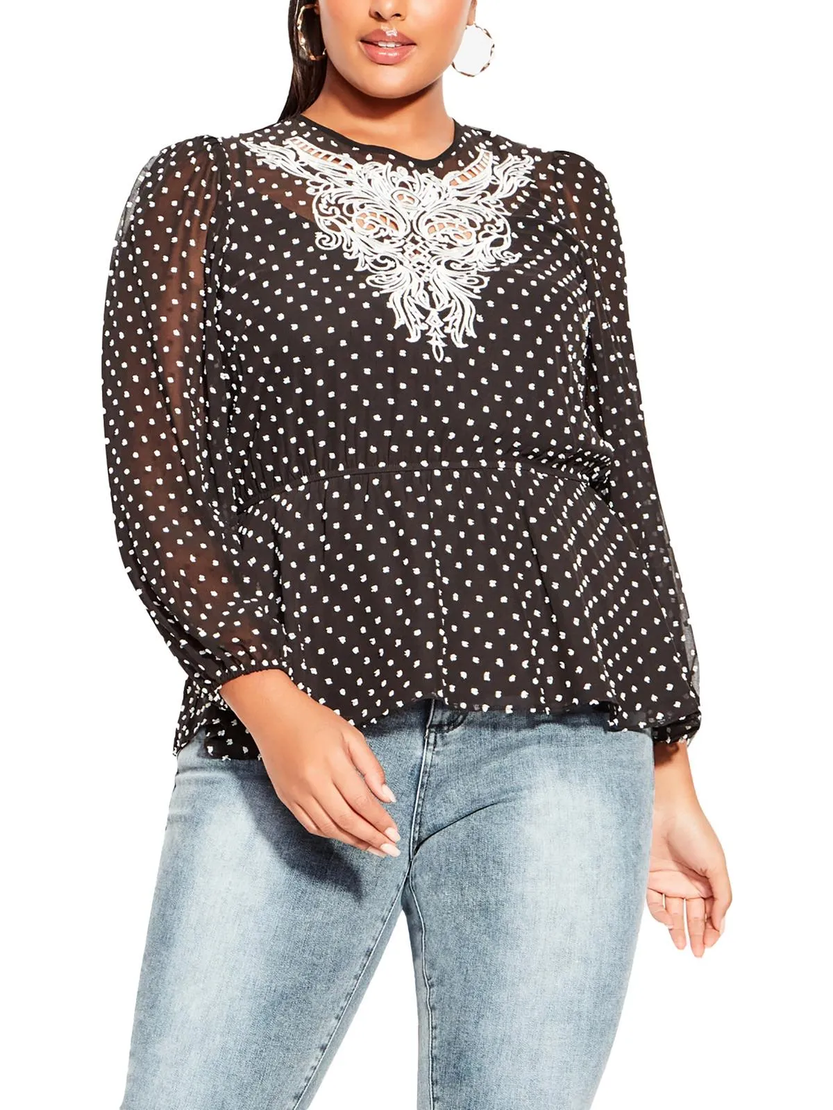 Plus Womens Embroidered Chiffon Blouse