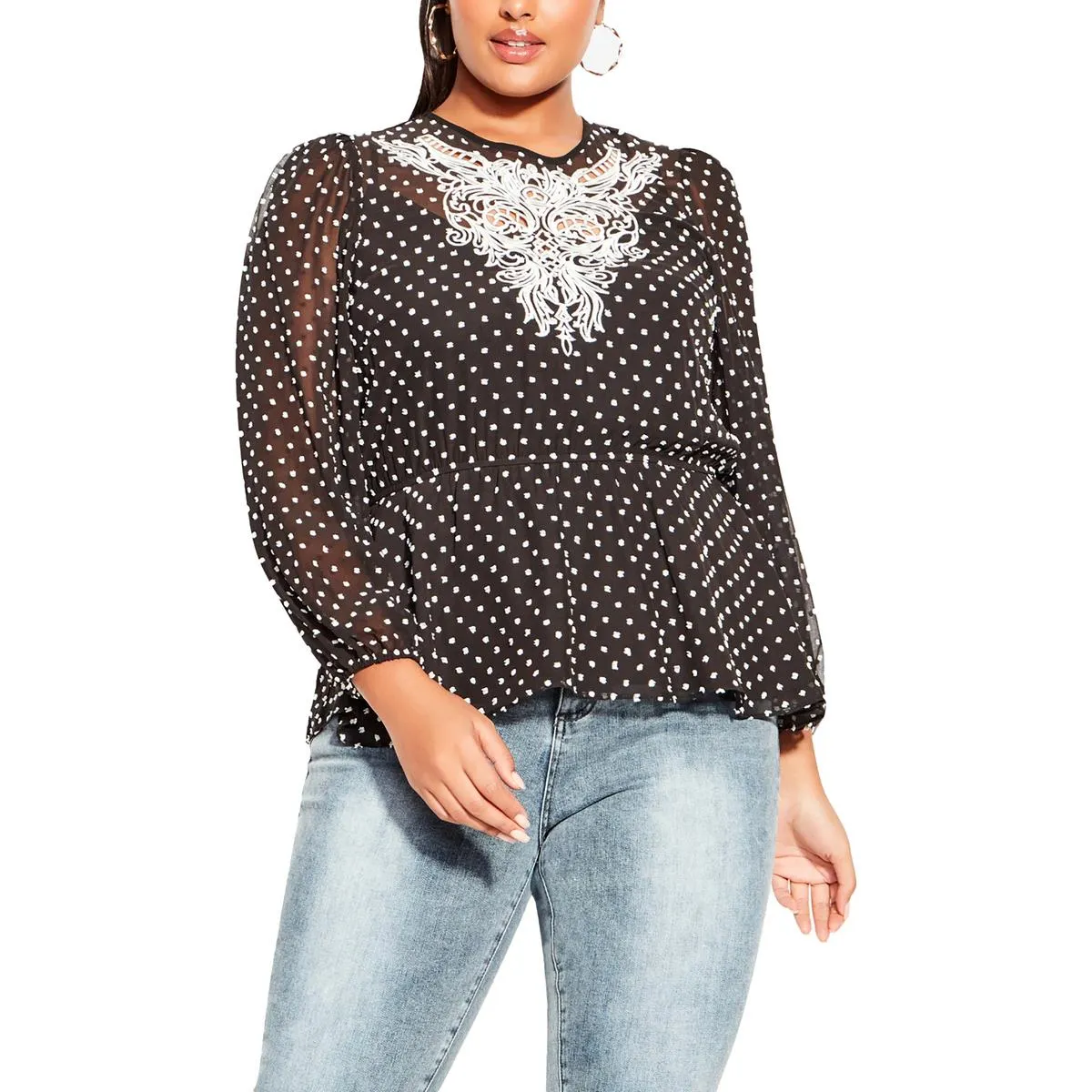 Plus Womens Embroidered Chiffon Blouse